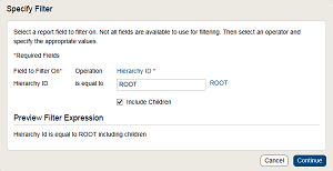 Specify Filter window showing a hierarchy filter example for the Root node including children